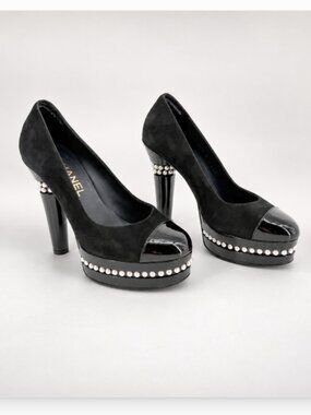 Chanel Pearl Platform Pumps Heels Cap Toe Black Suede Size 38 US 8.5